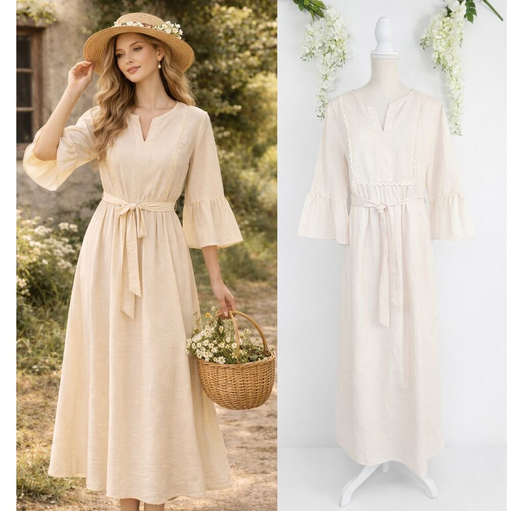 New MEROKEETY Midi Dress Medium Cream Tie Waist Bell Sleeve Cottagecore Milkmaid
